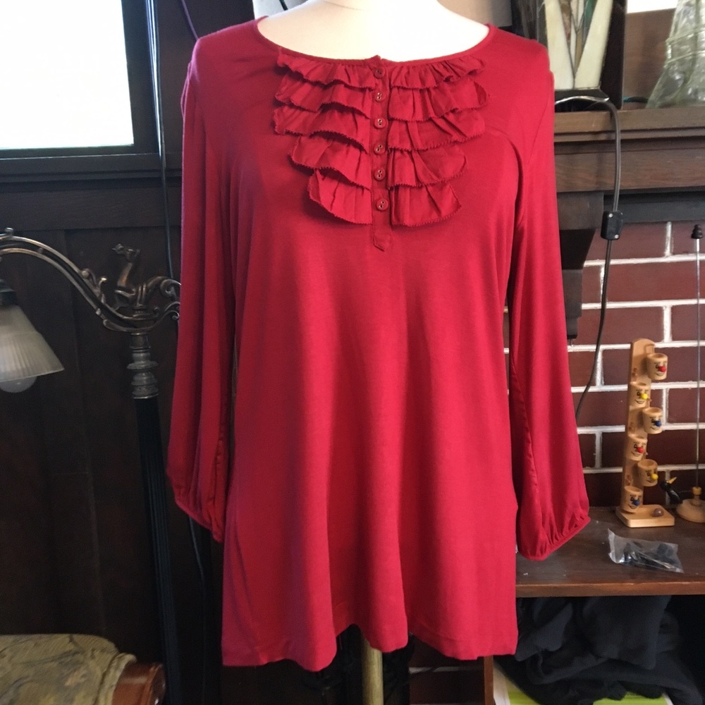 Wrap London Red Long Sleeved Shirt w/ Frill Accent. UK Size 12, US Size 8